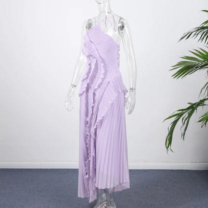Lilac Harmony Ruffle Dress | Pleated Halter Maxi Gown