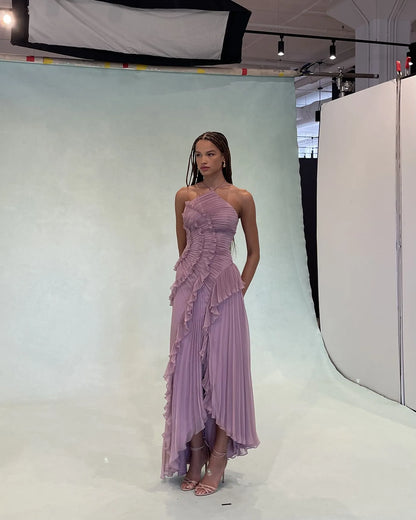 Lilac Harmony Ruffle Dress | Pleated Halter Maxi Gown