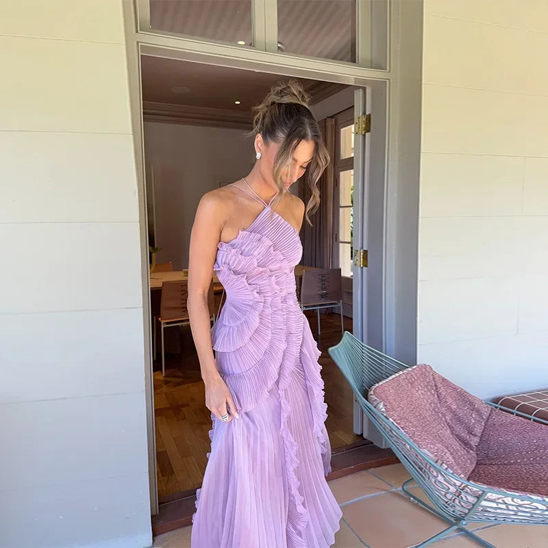 Lilac Harmony Ruffle Dress | Pleated Halter Maxi Gown