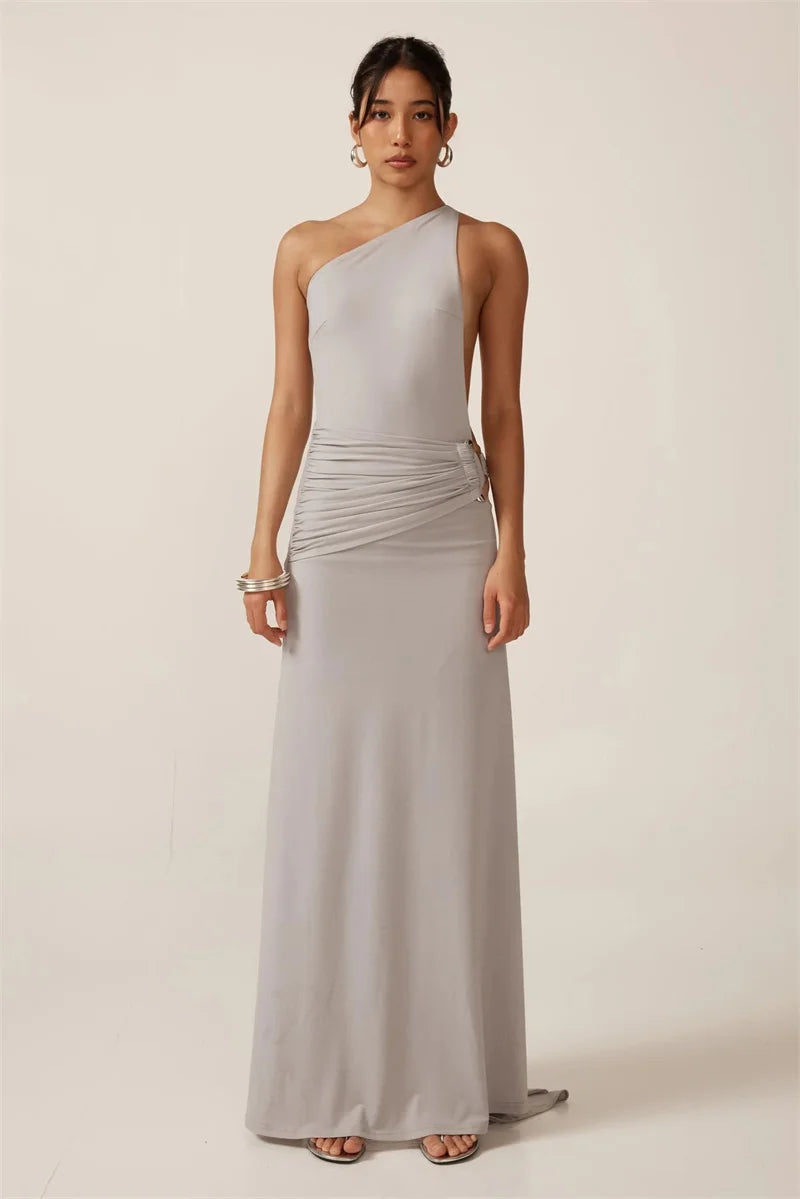 Mocha One-Shoulder Draped Dress