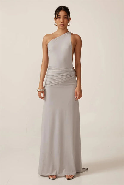 Mocha One-Shoulder Draped Dress