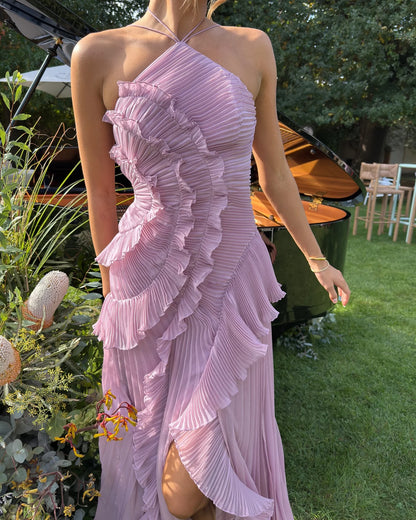 Lilac Harmony Ruffle Dress | Pleated Halter Maxi Gown
