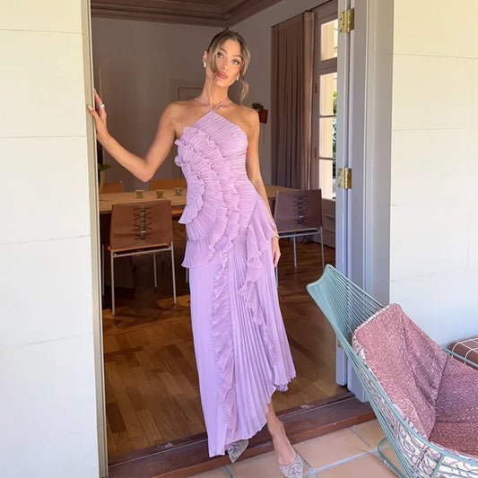 Lilac Harmony Ruffle Dress | Pleated Halter Maxi Gown