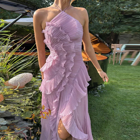 Lilac Harmony Ruffle Dress | Pleated Halter Maxi Gown