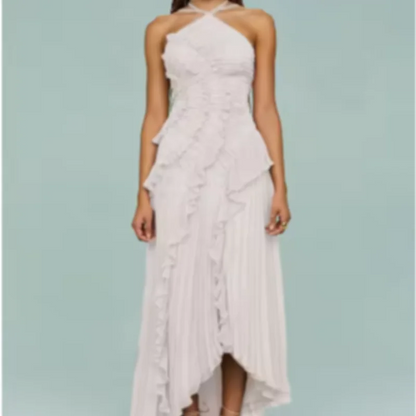 Lilac Harmony Ruffle Dress | Pleated Halter Maxi Gown