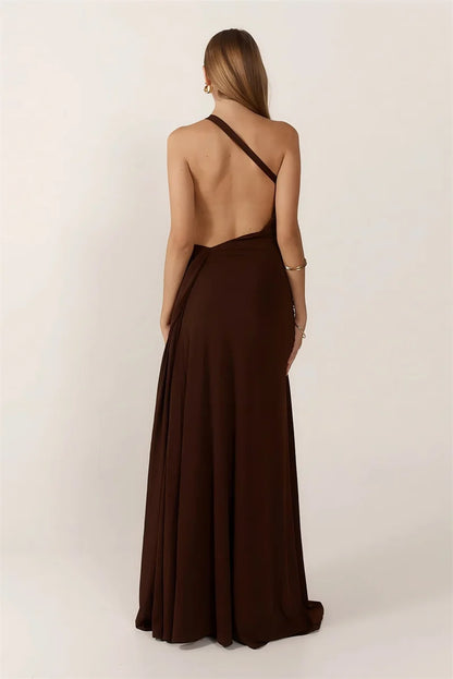 Mocha One-Shoulder Draped Dress