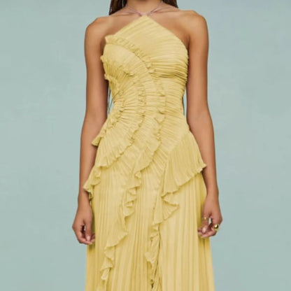 Lilac Harmony Ruffle Dress | Pleated Halter Maxi Gown