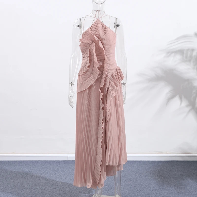 Lilac Harmony Ruffle Dress | Pleated Halter Maxi Gown